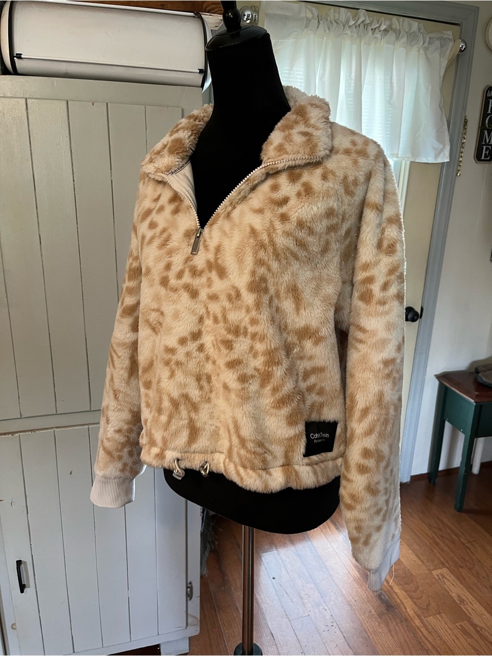 Calvin Klein Performance Beige Leopard-Print Faux Fur Half-Zip Jacket Size Large